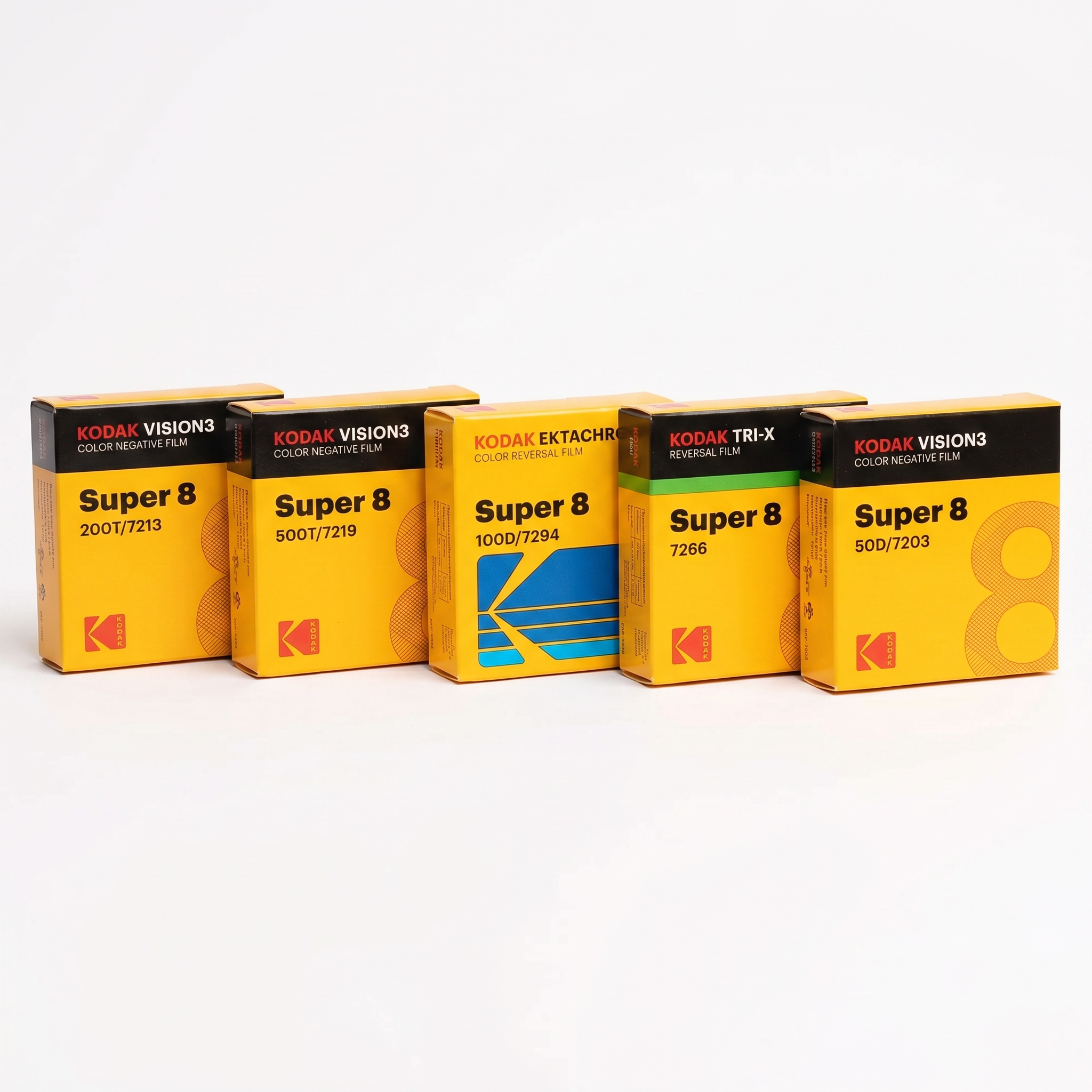 Five Kodak Super 8 film boxes on a white background