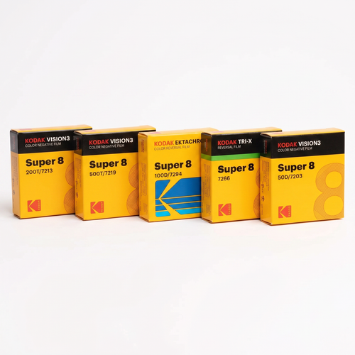 Five Kodak Super 8 film boxes on a white background