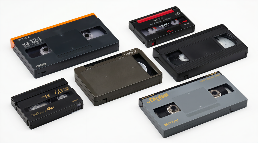Video tape cassettes in several formats, including HDCAM, Digital Betacam, Hi8 and DV