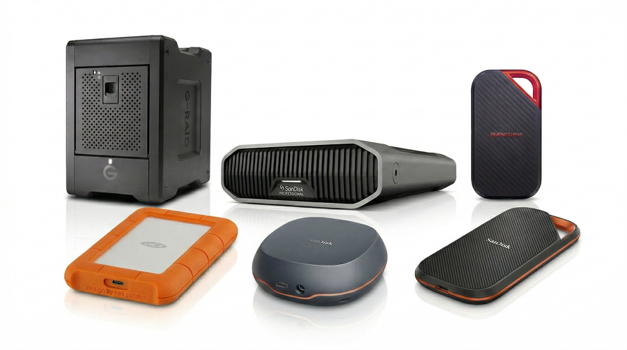 External hard drives, a desktop RAID enclosure and portable SSDs